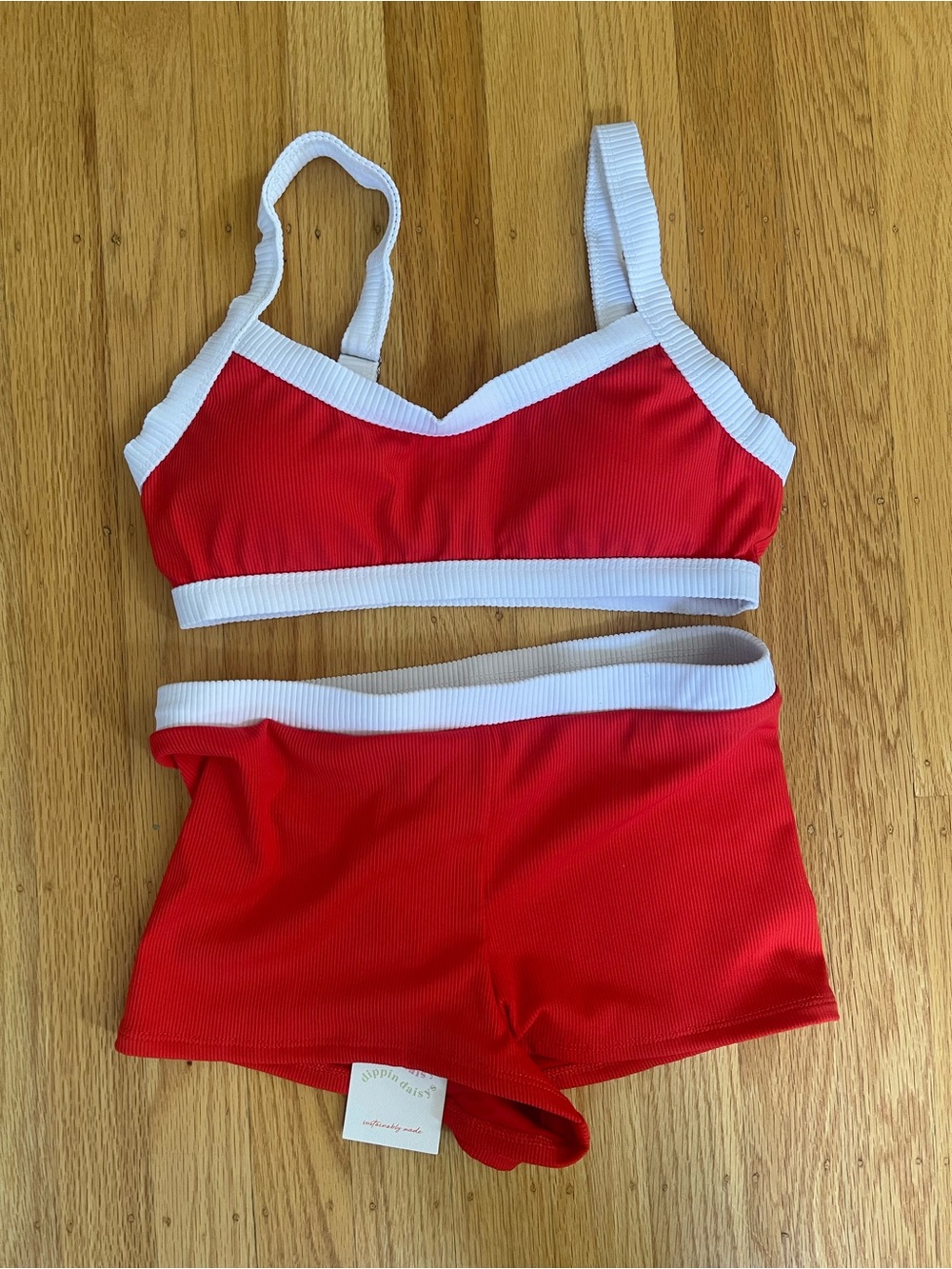 Dippin' Daisy's Red Ribbed Bralette & Boyshorts with White Trim